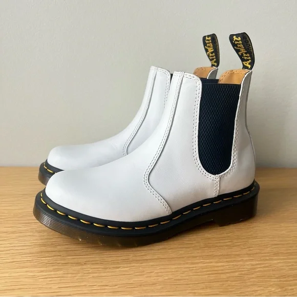 ($170) Dr Martens 2976 White Leather Chelsea Boot Womens Yellow Stitch  26228100